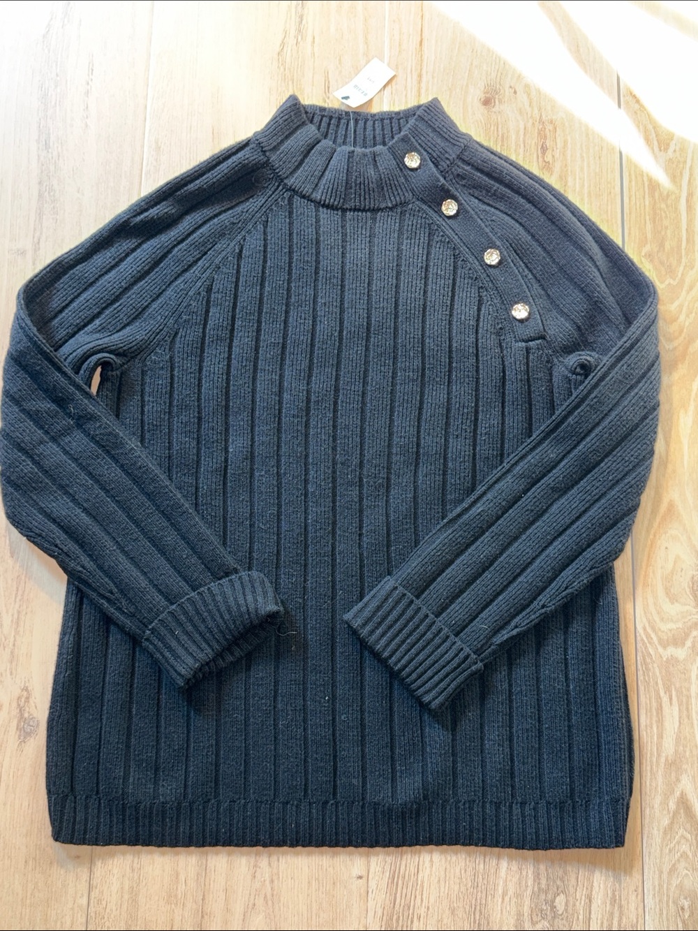 Talbots Black Ribbed Turtleneck Sweater with gold Shoulder Buttons size MP NWT - Picture 2 of 6